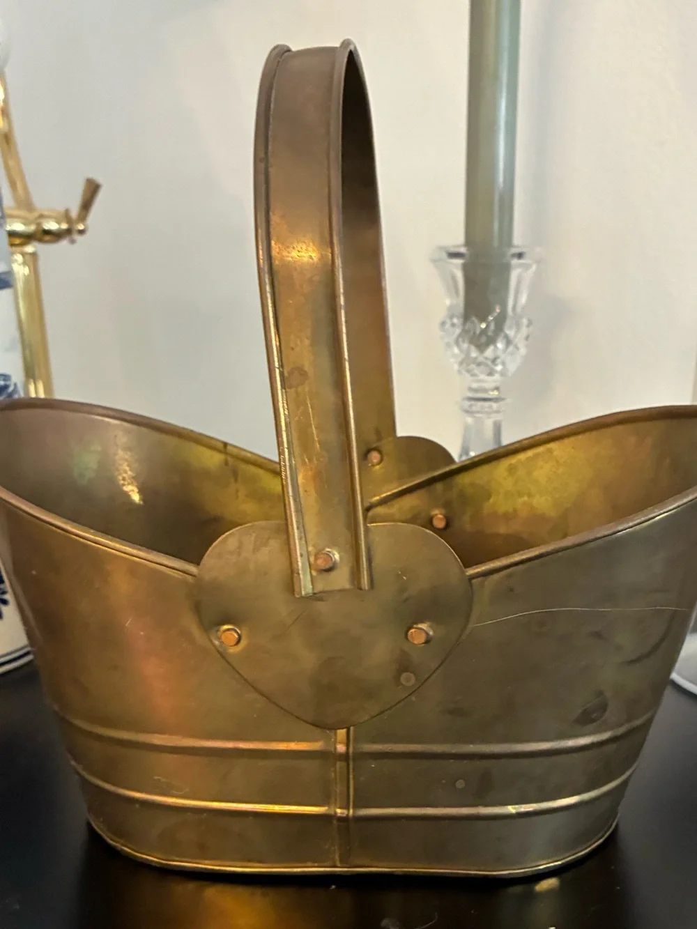 Vintage Brass Basket Heart Detail English Country Cottagecore Decor